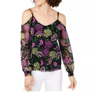 INC Floral Mesh Cold Shoulder Petite Top